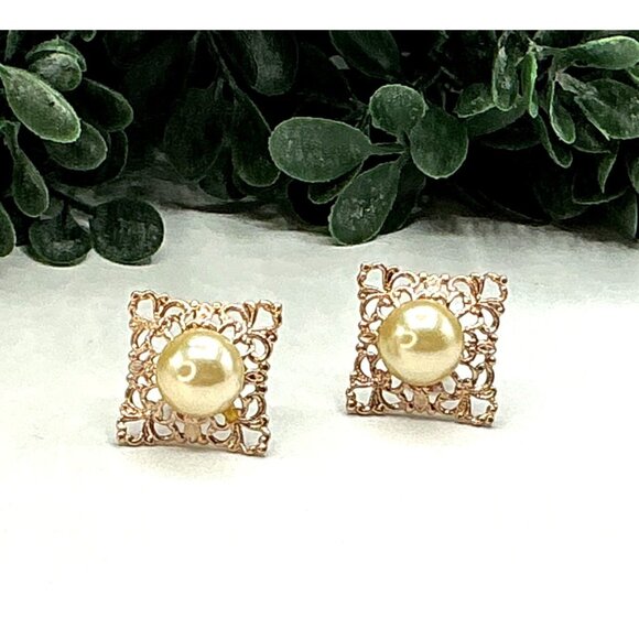 Rose Gold Tone Faux Pearl Filigree Square Stud Earrings Elegant Bridal Accessory - Picture 3 of 7